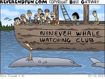 A cartoon of a boat with people in and the words 'Ninevah Whale Watching Club' passing a whale with a human foot sticking out of its blowhole.