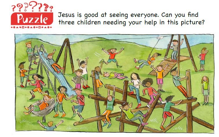 An image showing lots of children at a playground with the words "Jesus is good at seeing everyone. Can you see three children needing your help in this picture?"