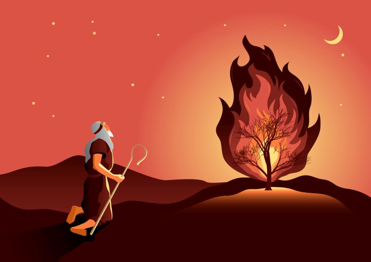 An illustration of Moses and the burning bush. 