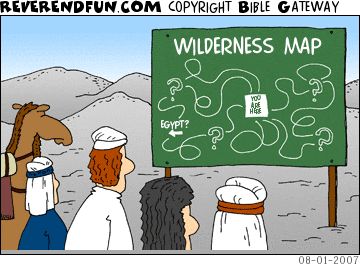 A cartoon of Israelites looking at a 'wilderness map' with lots of squiggly lines around the words 'you are here'
