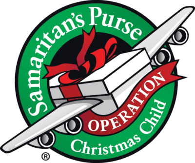 The Samaritan's Purse Operation Christmas Child logo with a shoebox with plane wings coming through the centre of the logo
