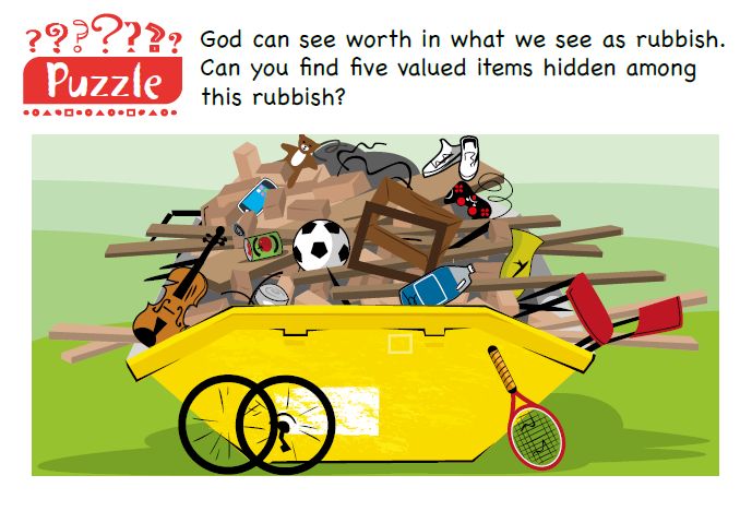 A puzzle to spot five valuable items hidden in a picture of a skip full of rubbish