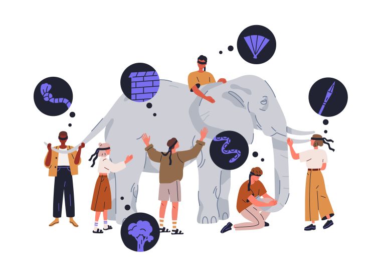 An illustration of blindfolded people touching an elephant with thought bubbles showing them thinking of it as a rope, tree, wall, spear, fan and snake