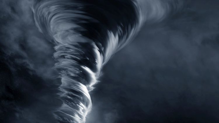 A painting depicting a tornado against a dark cloudy sky