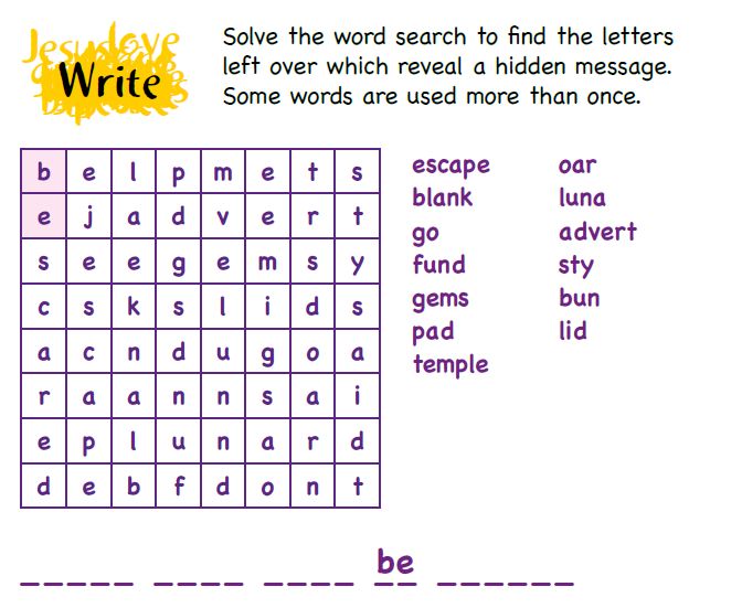 A wordsearch puzzle with a hidden message to solve