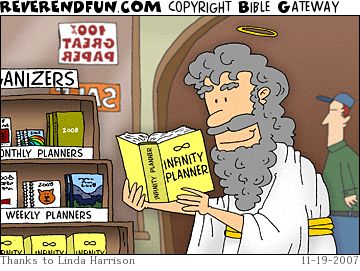 A cartoon showing God browsing an 'infinity planner' in a bookshop