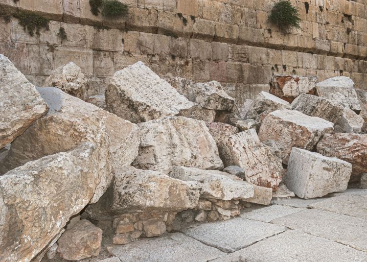 Close-up of stones thrown from the second temple to the street below after the roman destruction of the temple in 70 CE at the southern section of the western wall Kotel in Jerusalem