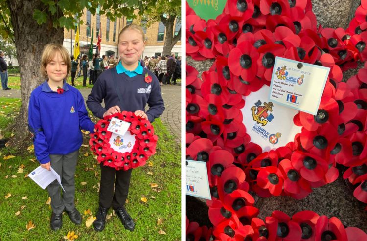 Two children, one a member of the Boys' Brigade, the other a member of the Girls' Brigade holding a poppy wreath; a close-up of the Boys' and Girls' Brigade poppy wreath