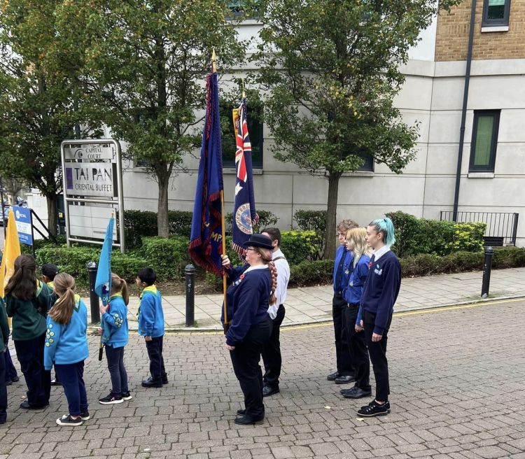 The Boys' and Girls' Brigade colour party at the peace memorial