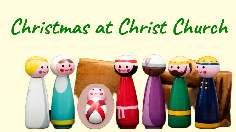 Wooden nativity figures against a cream background with the words 'Christmas at Christ Church'