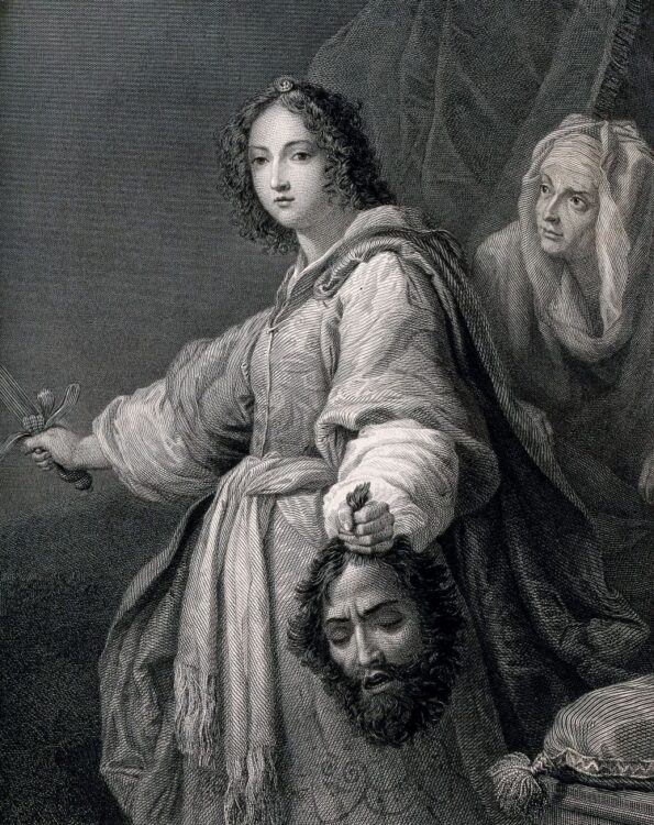 Judith with Holofernes' head; her maid behind her. Line engraving by Judith with Holofernes' head; her maid behind her. Line engraving by Cristofano Allori (1577–1621)