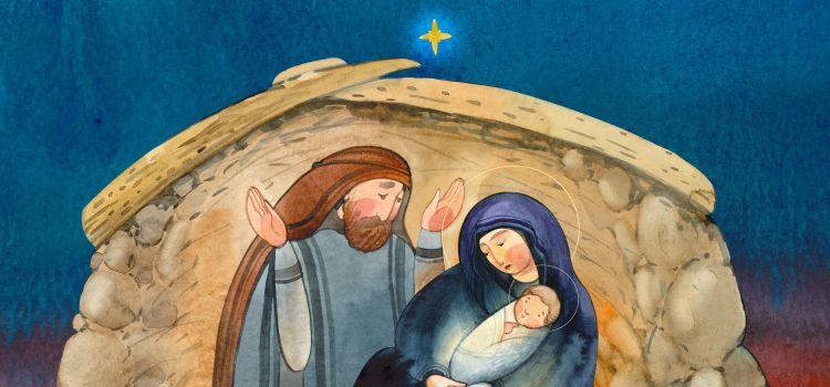 A drawing of Mary and Joseph with baby Jesus.