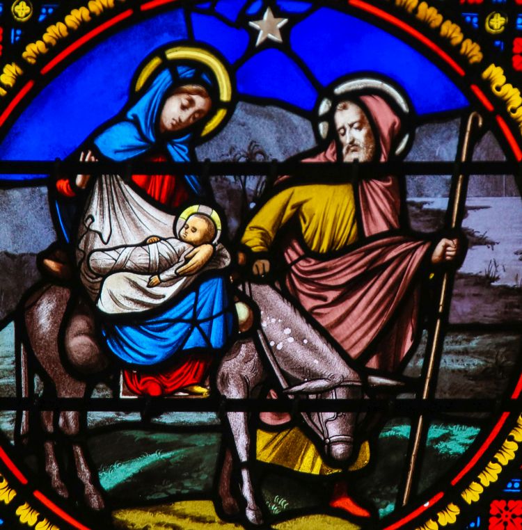 Stained Glass in the Chapel of Notre-Dame-des-flots (1857) in Sainte Adresse, Le Havre, France, depicting the Flight to Egypt