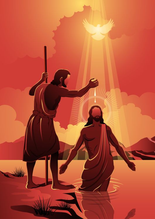 An illustration of Jesus being baptised by John the Baptist. 