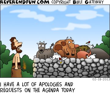 A cartoon of a stone altar with several different animals on top and a man looking up to the sky. The caption reads "I've a lot of apologies and requests on the agenda today."