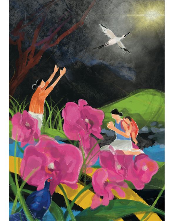 The image for the 2023 World Day of Prayer: a painting of two women praying by a stream with pink orchids and a Mikado pheasant in the foreground and Black-faced Spoonbill flying in the sky above the women.