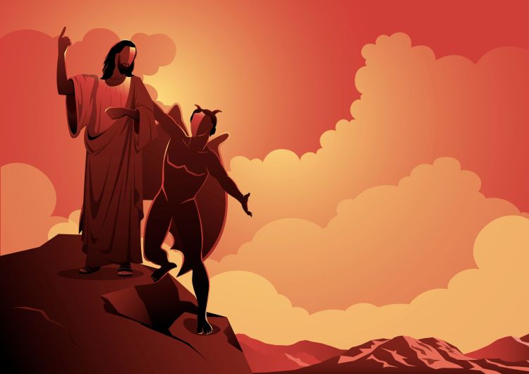 An illustration depicting the devil tempting Jesus.