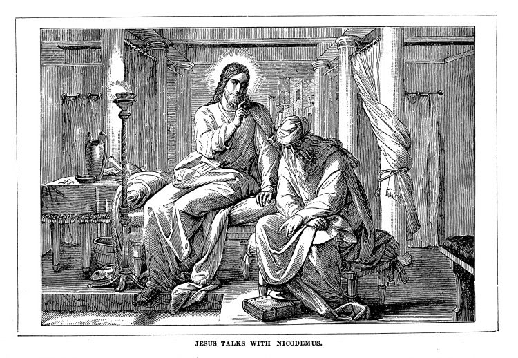 An illustration depicting Jesus talking with Nicodemus.