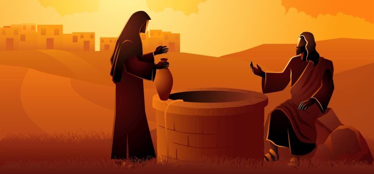 Illustration of Jesus talking with Samaritan woman at the well