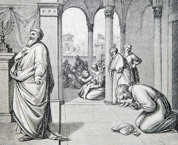 An engraving depicting the Pharisee and the tax collector at the Temple