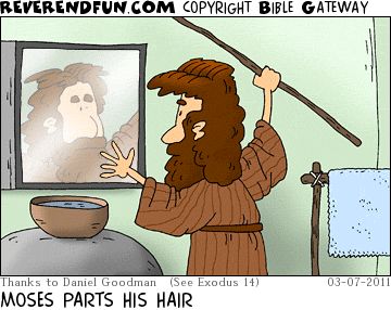 A cartoon of Moses parting his hair by waving his staff in the air.
