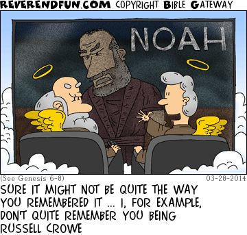 A cartoon of Noah and his wife watching the film 'Noah'. The caption reads "Sure it might not be quite the way you remember it... I, for example, don't quite remember you being Russell Crowe"