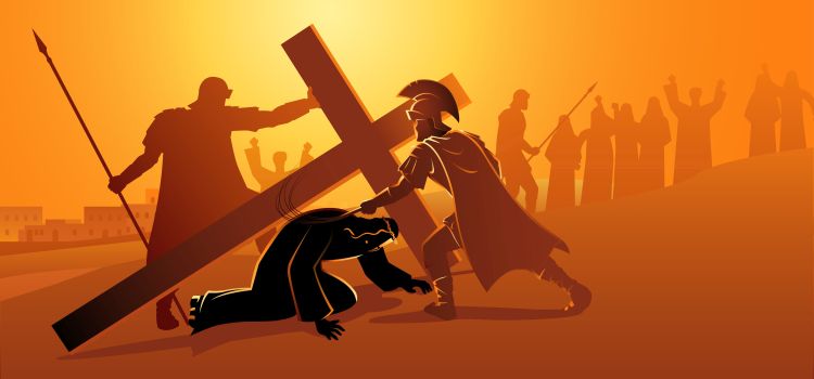 An illustration of Jesus being whipped having fallen while carrying the cross
