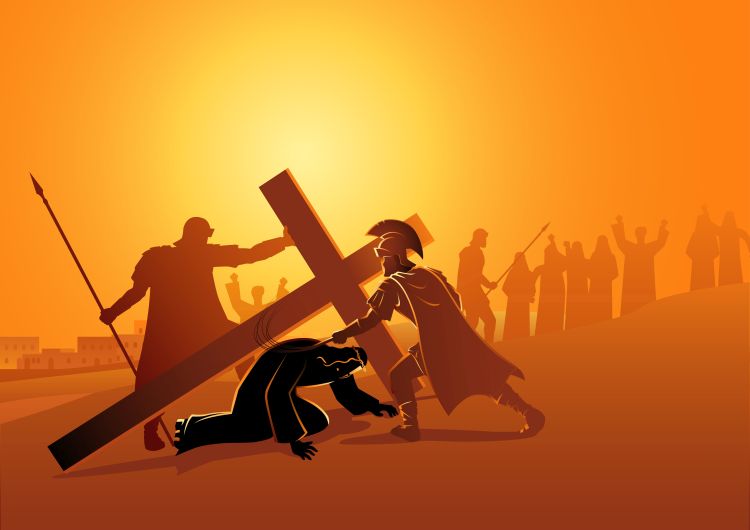 An illustration of Jesus being whipped having fallen while carrying the cross