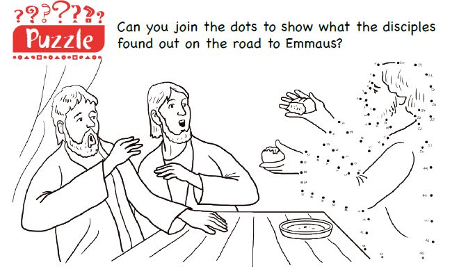 A dot to dot puzzle with the two disciples looking at a person who is part of the puzzle.