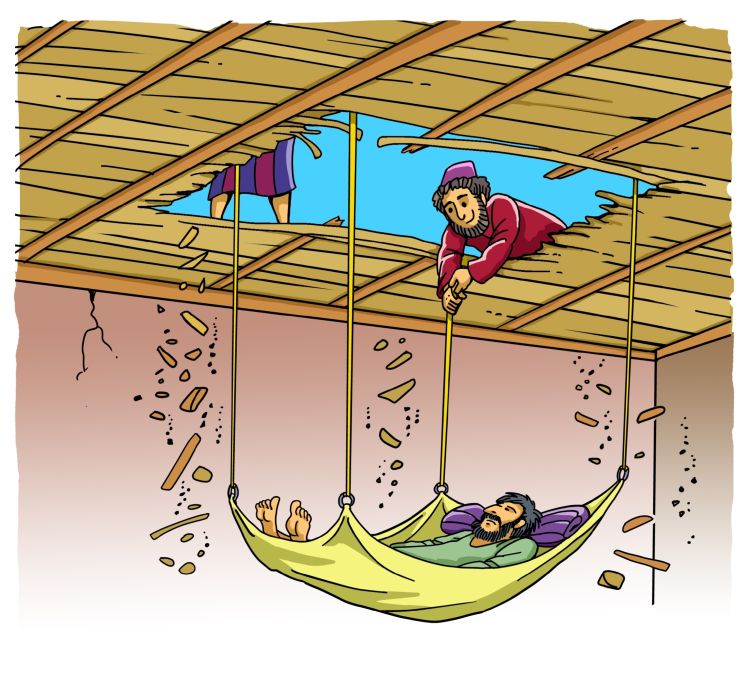 An illustration showing two people lowering a man on a stretcher through a hole in a roof