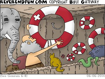 A cartoon showing Noah putting different sized life belts on the wall of the ark for the different animals