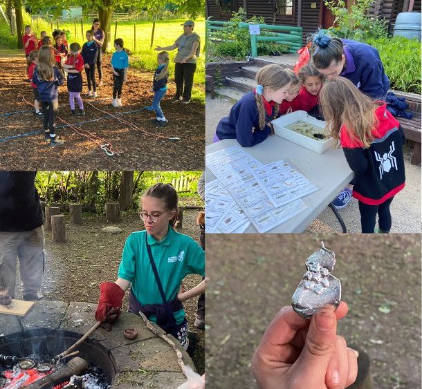 A collage of photos showing the members of the Girls' Brigade playing games, doing pond dipping, smelting pewter and showing one of the pewter objects created