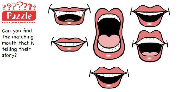 A puzzle showing several pictures of mouths, two of which are identical