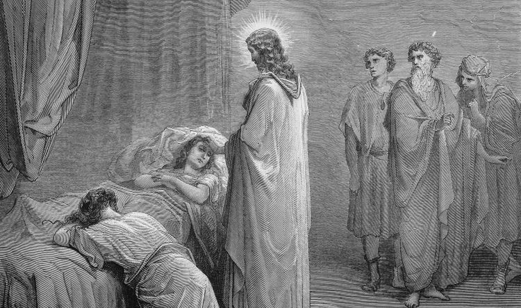 An illustration depicting Jesus raising Jairus' daughter from the dead