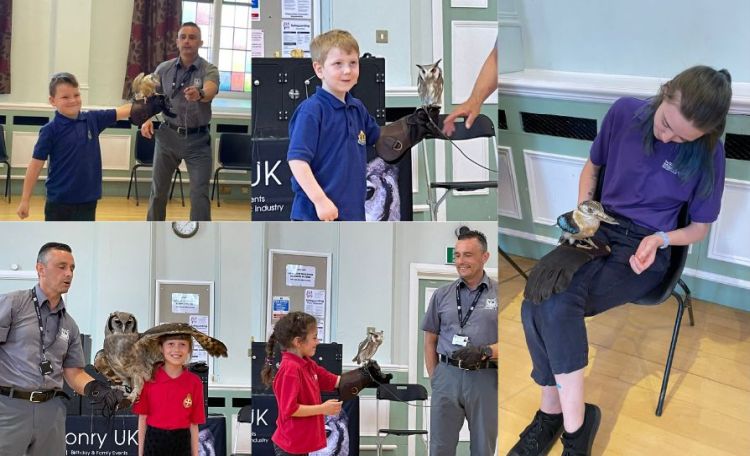 Five photos showing members of the Girls' and Boys' Brigade holding a variety of different birds