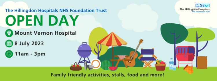 A banner ad for the NHS 75 Open Day. The text reads "The Hillingdon Hospitals NHS Foundation Trust Open Day. Mount Vernon Hospital. 8th July 2023. 11am - 3pm. Family friendly activities, stalls, food and more!"