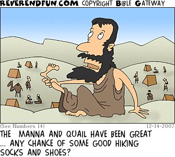 A cartoon of a man in the wilderness sitting on the ground holding his foot up. The caption reads "The manna and quail have been great... any chance of some good hiking socks and shoes?"