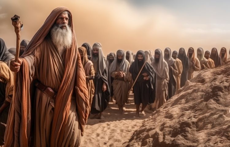 Illustration of Moses with the people of Israel in the desert crossing the Red Sea 