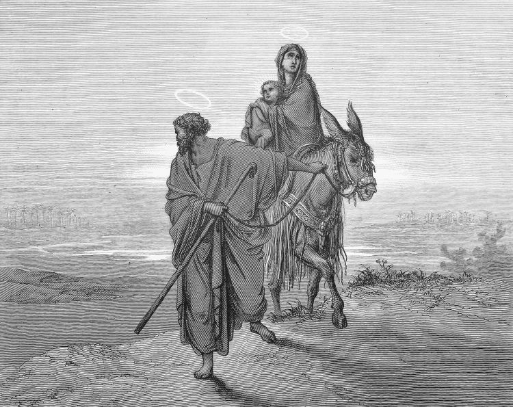 Illustration of Mary, Joseph and Jesus fleeing to Egypt on a donkey
