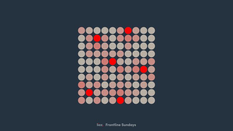 100 dots - most are grey. There are six red dots scattered throughout. The dots touching the red ones are pink.