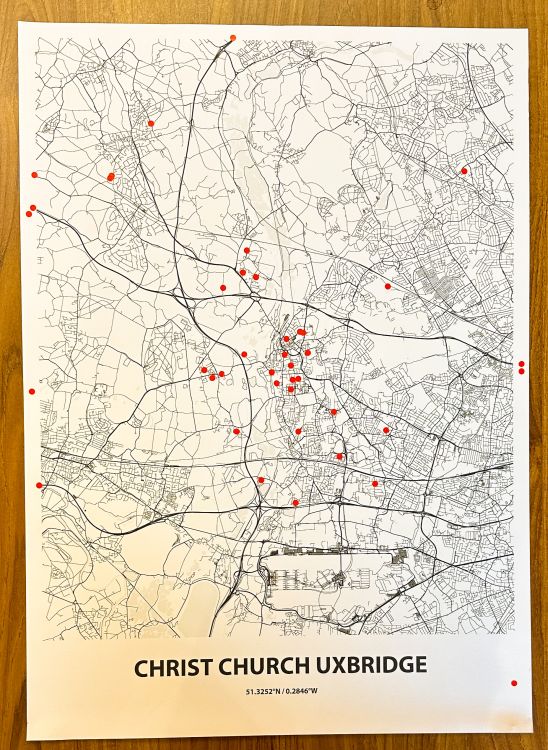A map of the area around Christ Church, Uxbridge with red dots representing the areas where people spend most of their time
