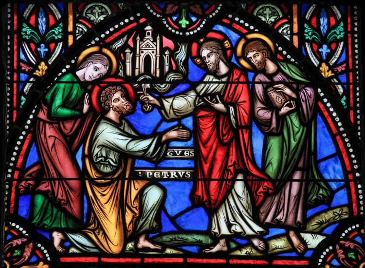 A stained glass window depicting Jesus handing over the Keys to Heaven to Saint Peter, in the Cathedral of Brussels, Belgium.