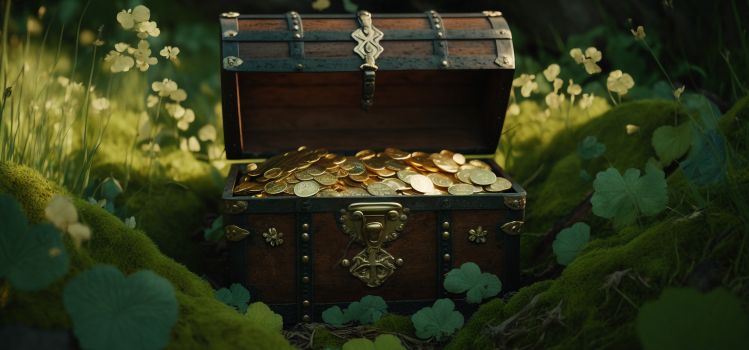 A wooden chest containing gold coins in a field