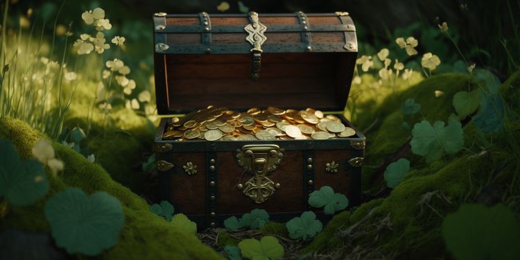 A wooden chest containing gold coins in a field