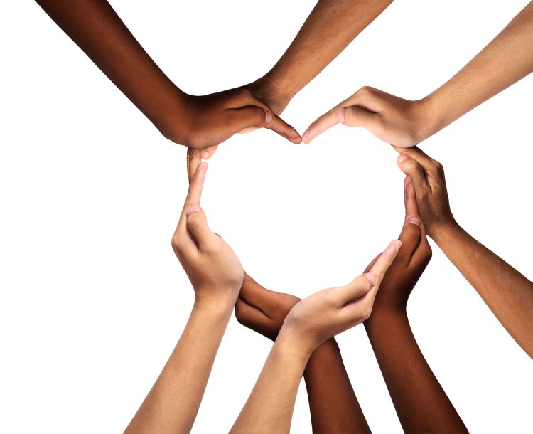Hands from people of different ethnicities coming together to make a heart shape