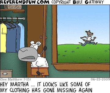 A cartoon of a sheep looking in the wardrobe. There is a window behind him and a wolf wearing clothing running off into the distance. The caption reads "Hey Martha... it looks like some of my clothing has gone missing again."