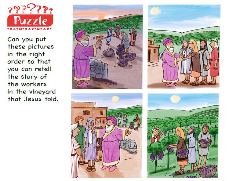 A series of four pictures depicting the story of the workers in the vineyard