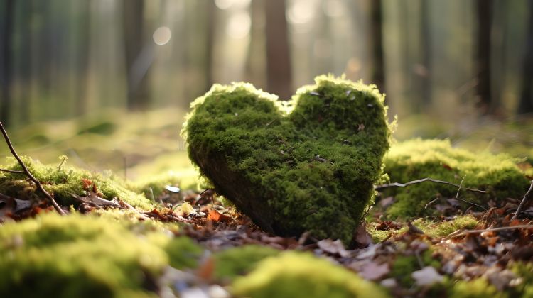 A heart shaped stone covered in moss in a woodland