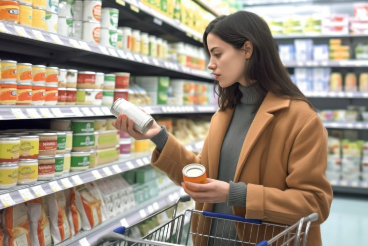 A woman holding a can in each hand and standing in front of supermarket shelves.
