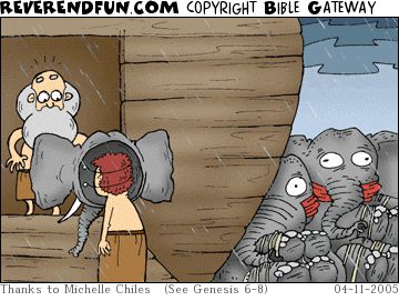 A cartoon depicting Noah standing in the entrance to the ark with two elephants tied and gagged behind the ark and a person wearing an elephant mask standing in front of the door,
